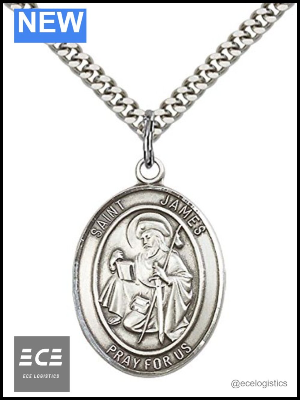 Sterling Silver St. James Greater Pendant Necklace 24" Stainless Curb Chain